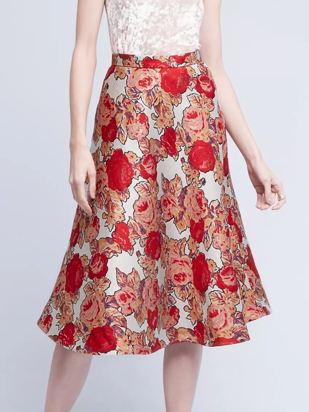 Rachel Antonoff Floral Jacquard Midi Skirt Red Rose A-Line Size 10